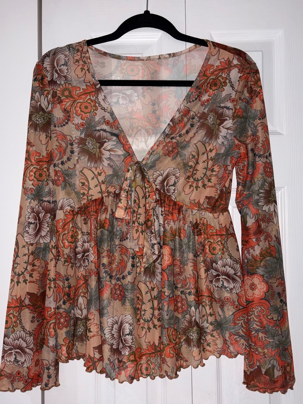Shein V Neck Babydoll Bell Sleeve Sheer Printed Blouse Size Medium
